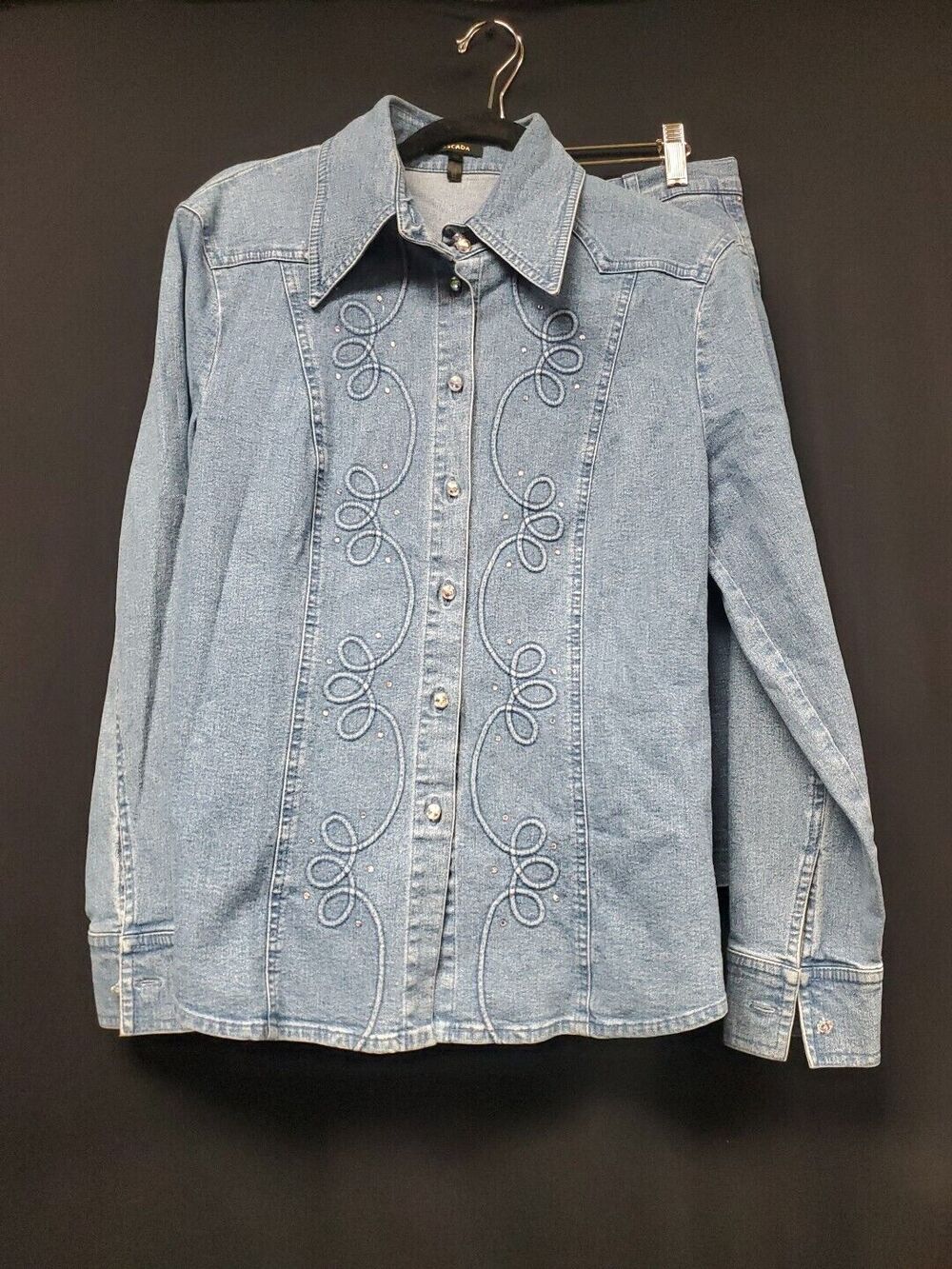Escada 2 Pc Blue Denim Rhinestone Embroidered Jacket & Skirt Suit Size 40/ 10